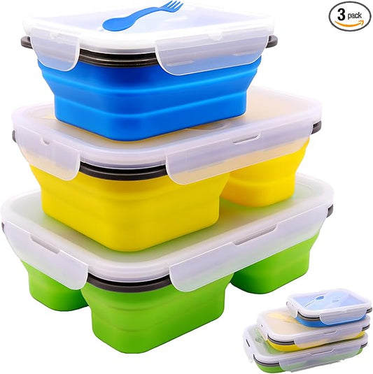 Set of 3 Collapsible Silicone Bento Lunch Boxes With Lids Spoon Fork, Divided Compartments Food Storage Containers, Safe in Microwave, Dishwasher and Freezer, BPA Free (Assorted 3PCS)