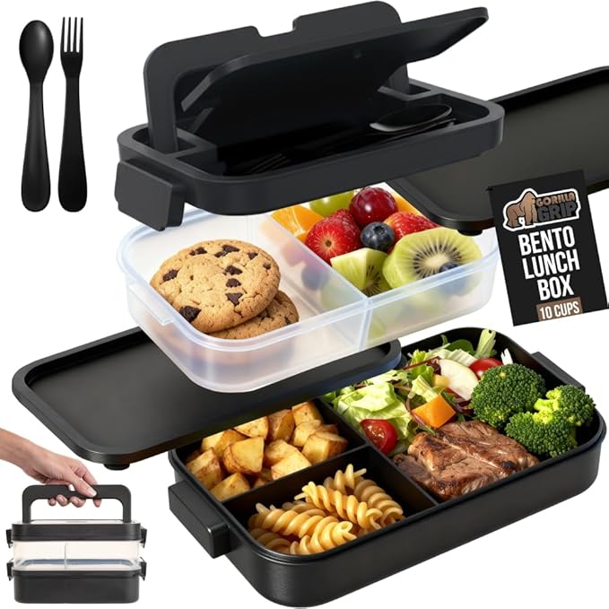 GORILLA GRIP BPA-Free Leakproof 5-Compartment Bento Lunch Box for Adults, Kids, Holds 10 Cups, Microwave Safe Hot and Cold Food Containers, Easy to Carry Lid Includes Built-In Utensils Set, Black