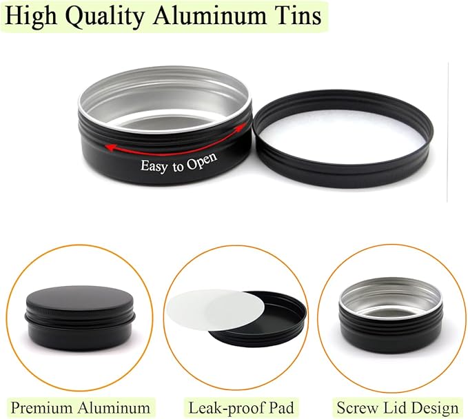 10pcs 60ml Round Lip Balm Tin Cans, 60 Gram Aluminum Tins Black Cosmetic Sample Containers with Screw Lid, 60g Metal Empty Storage Travel Jars for Salves, Lip Balms, Face Cream, Candle, Tea