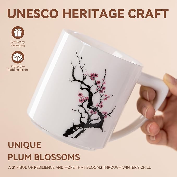 15oz Jadeite Ceramic Coffee Mug with Plum Blossom Design, 1340℃ High-Fire Teacup - Lead-Free, Microwave Safe, Unique Gift for Tea/Coffee Lovers & Friends