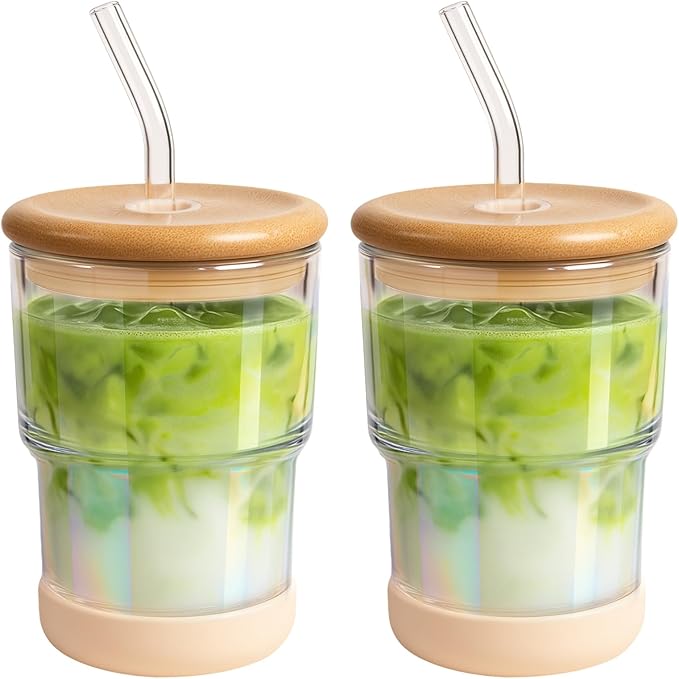 Zukro 13 oz Glass Iced Coffee Cups with Bamboo Lid and Straw for Office/Home/Work, Zero Plastic, Thick Wall Glass Water Tumbler With Silicone Bottom, Matcha Glasses, ECO Friendly, Shimmer 2 Pack
