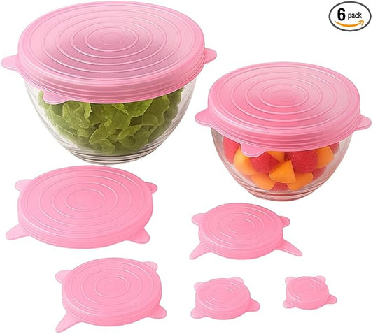 Silicone Stretch Lids Pink (6 Pack) Reusable Airtight Food Covers for Bowls, Containers & Fruits |Elastic BPA-Free Stretchable Lids | Microwave, Freezer & Dishwasher Safe | Plastic Wrap Alternative
