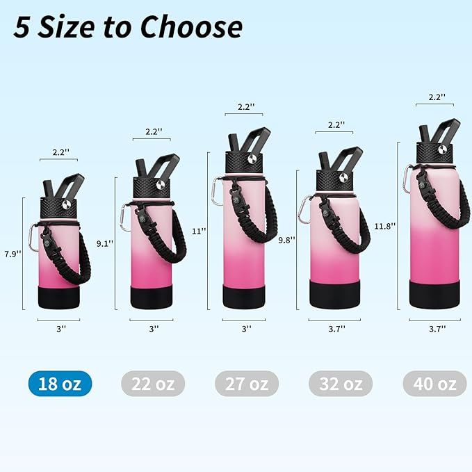 BJPKPK Water Bottle with Straw Lid, 18oz Insulated Water Bottles with 3 Lids, Paracord Handle & Non-slip Boot, Metal Stainless Steel Thermal Flasks, BPA Free Leak Proof Cups, Tumblers,Cherry