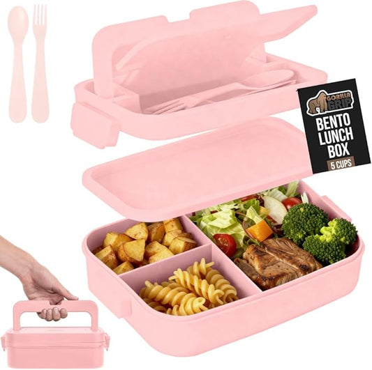GORILLA GRIP BPA-Free Leakproof 3-Compartment Bento Lunch Box for Adults, Kids, Microwave Safe Hot and Cold Food Containers, Easy to Carry Lid Includes Built-In Utensils Set, Holds 5 Cups, Pink