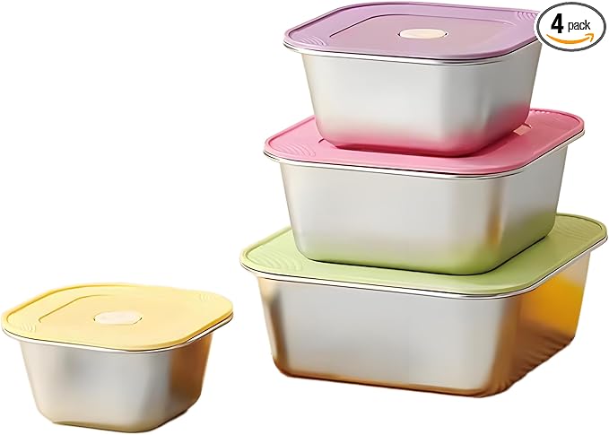 4-Piece Stainless Steel Snack & Lunch Containers with Lids Set, Stackable Metal Food Storage Containers with Lids, Airtight Leakproof Lunch Bento Box, Dishwasher Safe (Size 4.5", 5.5", 6.3", 7")