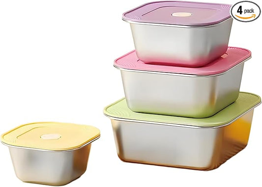 4-Piece Stainless Steel Snack & Lunch Containers with Lids Set, Stackable Metal Food Storage Containers with Lids, Airtight Leakproof Lunch Bento Box, Dishwasher Safe (Size 4.5", 5.5", 6.3", 7")