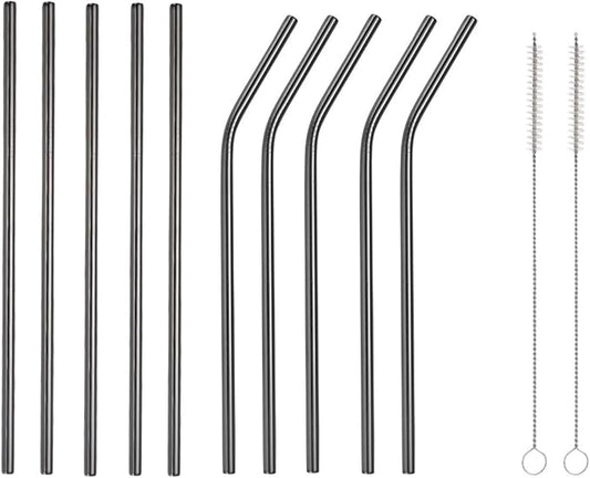 10 Pcs Stainless Steel Straws, Reusable Drinking Straws, 5 Straight + 5 Bent Metal Straws Set With 2 Pcs Cleaning Brushes (Black, 10.5 Inch)