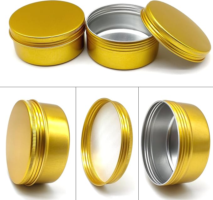6pcs 150ml Aluminum Tin Jars with Screw Cap Lids, 5oz Empty Makeup Lip Balm Containers Round Travel Jars Cosmetics Pots, Gold Metal Cans for Slime Salve Cream Candle Powder Tea Beads Paints