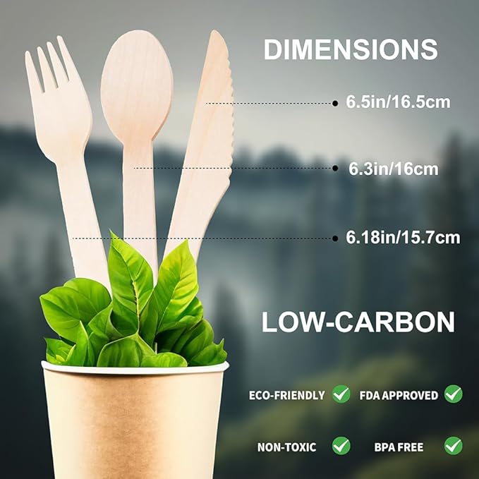 Wooden Compostable Utensils Set - 360 Pieces Wooden Cutlery Set Disposable (180 Forks, 60 Knives, 120 Spoons), Eco Friendly ＆ Plastic-free, 100% Biodegradable Utensil Bulk for Party