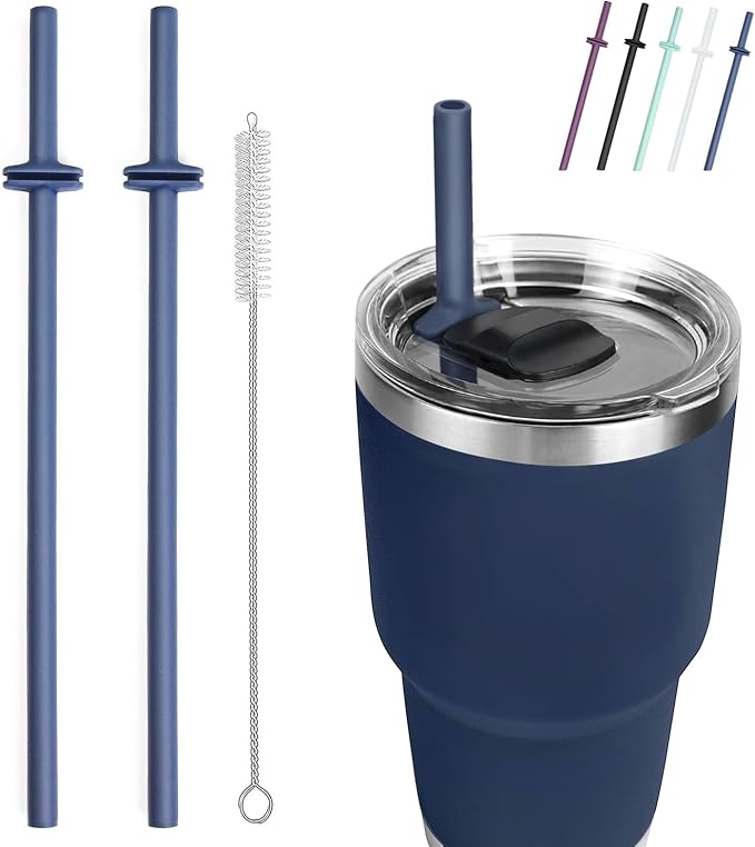 Silicone Straw for Yeti Rambler, 2PCS Reusable Straws & 1 Cleaning Brush for Yeti 30/20 oz Tumbler with Magslider Lid, Adjustable Drinking Straws Accessories Patent Pending (Navy)