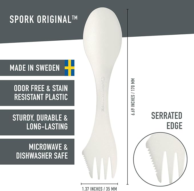 Light My Fire Spork Original 2-Pack 3-in-1 Camping Spoon Fork Knife Combo Reusable Travel & Camping Utensils Lunch Spork Outdoor Backpacking Hiking Picnic Utensil BPA Free, SageGreen/Cream