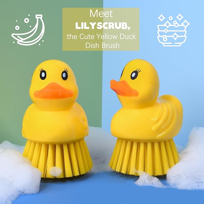 GTOTd Cute Ducky Washing Dish Brush（2 Pack） Ergonomic Palm Scrubber with Handle for Potato Vegetable Fruit Best Small Kitchen Gadgets Gifts Accessories Stuff Household Cleaning Dishwashing Supplies