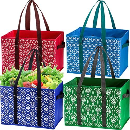 WUWEOT 4 Pack Reusable Grocery Bags, Large Shopping Box Tote, Foldable Washable Storage Bins with Reinforced Bottom Heavy Duty Handles for Fruit Vegetable Clothes Toys and Picnic by WUWEOT