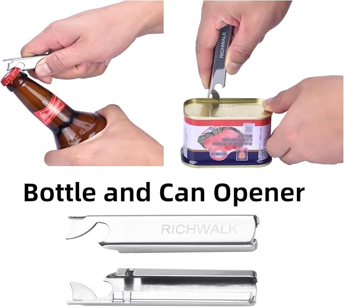4-in-1 Camping Spoon Fork Knife Combos Set of 4 - Portable Stainless Steel Flatware Spoon Fork kit - fork Knife & Bottle Opener Combo Pack for Picnic Hiking Travel
