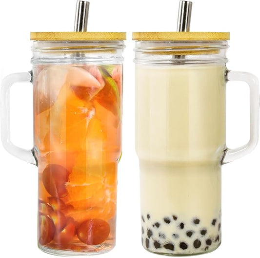 2Pcs Glass Cups with Lids and Straws, 24oz Mason Jar Iced Coffee Cup Drinking Jars Glasses Tumbler with Handle Bamboo Lids Wide Mouth Travel Mug for Bubble Tea, Iced Coffee, Smoothie, Beer