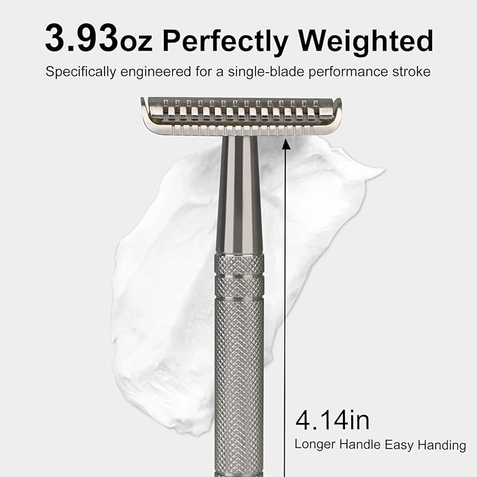Double Edge Safety Razor with 10 Blades and Stand, Single Blade Razors for Men and Women, Long and Heavy Duty Stainless Steel Handle, Smooth Close Gentle Shave, Silver