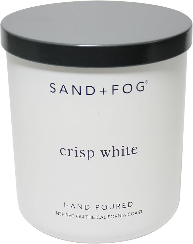 Sand + Fog Scented Candle - Crisp White – Additional Scents and Sizes – 100% Cotton Lead-Free Wick - Luxury Air Freshening Jar Candles - Perfect Home Decor – 10oz