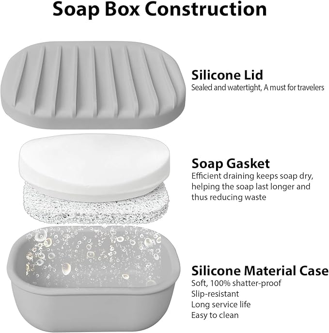 Leakproof Silicone Travel Soap Case with Drainage Layer, Silicone Bar Soap Holder Compact Portable Shatterproof Soap Container Box for Bathroom Gym Camp Travel Toiletries (Gray, Drainage Lid)
