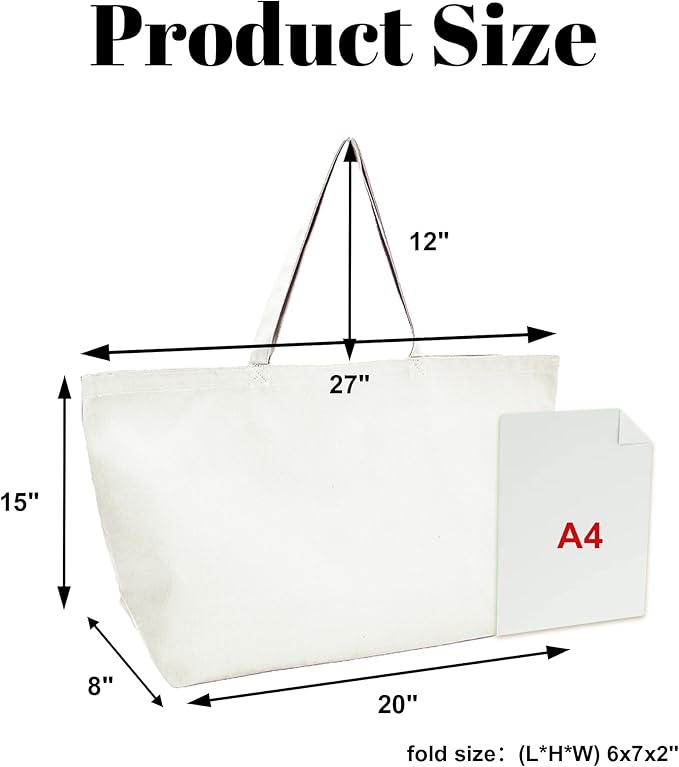 Large Canvas Tote Bag - Reusable Grocery Bag Foldable Heavy Duty Shopping Bag for DIY Art Crafts Painting Embroidery