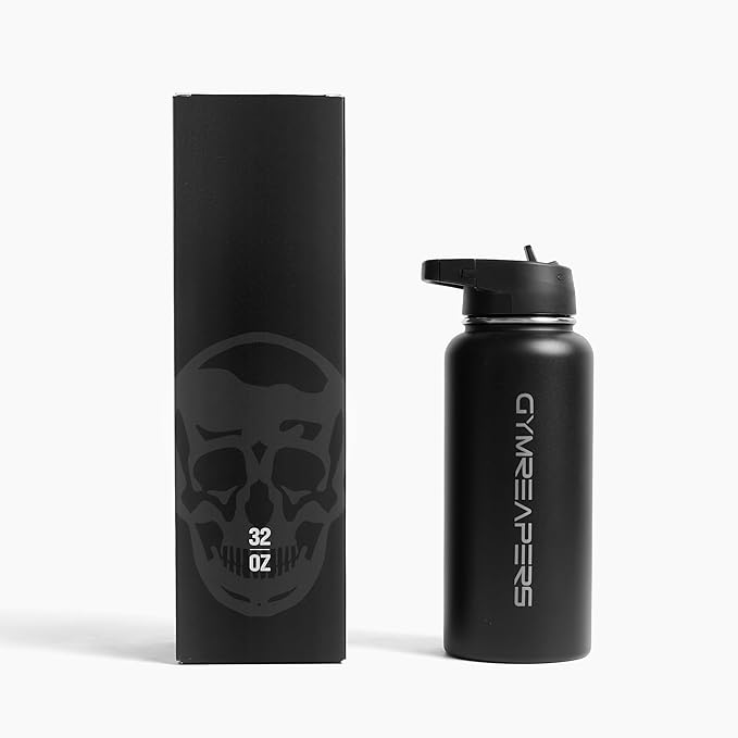 Gymreapers Insulated Water Bottle - Stainless Steel 32 Oz, 3 lids (Straw, Chug, Canteen), Double Walled Vacuum Insulation, Thermo Mug Cold Hot - Durable Powder Coated Finish (Black)