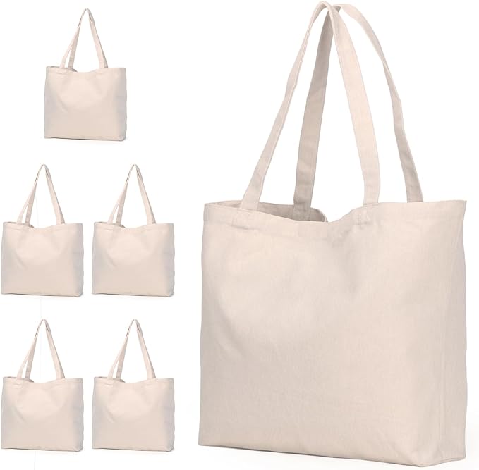 Koolmox Canvas Tote Bags, 6PCS 17x14x3.9'' Heavy Duty Canvas Bags with Reforce Handles and Widened Bottom, Reusable Washable Tote Bag Bulk Blank to DIY Art Crafts Print Women Grocery Teacher