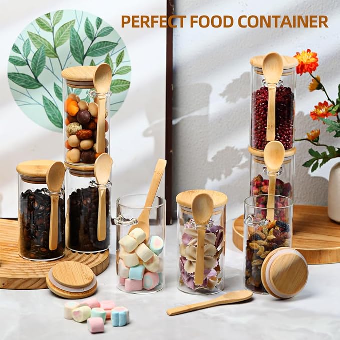 Glass Sugar Container with Spoon, 8 Pack 10oz Glass Tea Jars with Bamboo Lids and Spoons, Loose Leaf Tea Containers for Coffee Beans, Brown Sugar, Nuts, Candy, Bath Salts