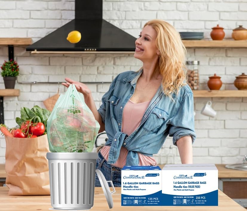 BEIDOU-PAC 1.6 Gallon Compostable Trash Bags with Handle, 250 Count Small Compost Kitchen Garbage Bags, Food Scrap Waste Bags for Countertop Bin, ASTM D6400, US BPI Certified - Image 5