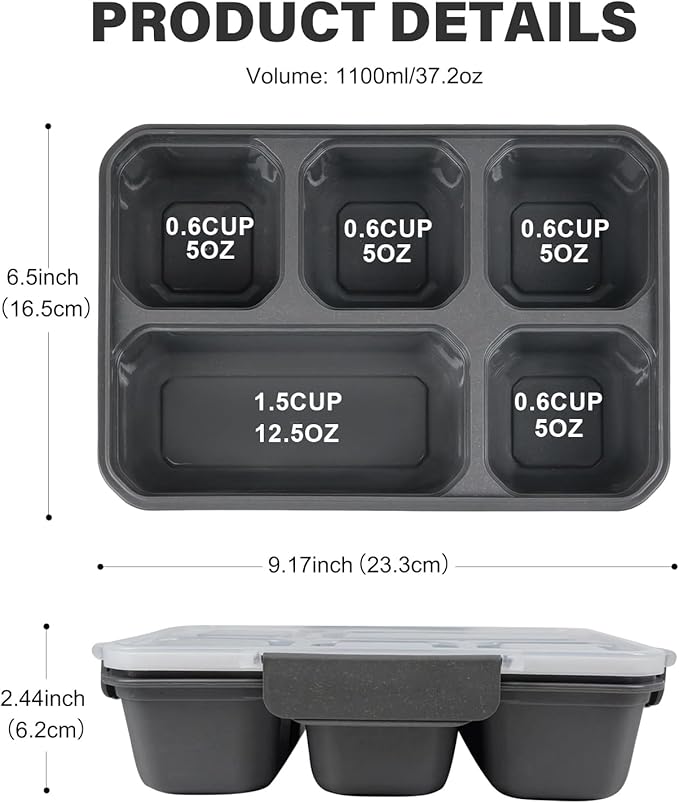 greenandlife 4 Pack Bento Lunch Box Set for Kids Adults, 5 Compartment Reusable Wheat Straw Meal Prep Food Storage Snack Containers, Stackable Snack box, Microwave and Dishwasher Safe, Grey+Black