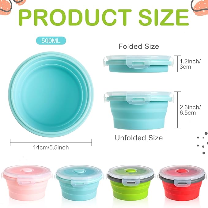 Suclain 4 Pcs Collapsible Bowls with Lids Silicone Camping Food Storage Container Expandable Folding Salad Lunch Box Travel Container for Hiking Camping(Red, Pink, Blue, Green,17 oz)