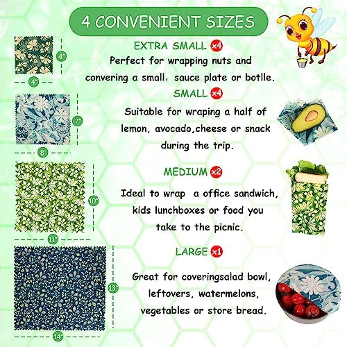 Reusable Beeswax Wrap, 11 Pack Eco-Friendly Beeswax Wraps For Food, Organic, Sustainable, Biodegradable, Zero Waste, Plastic-Free Food Storage (Flowers and Leaves) - Image 3