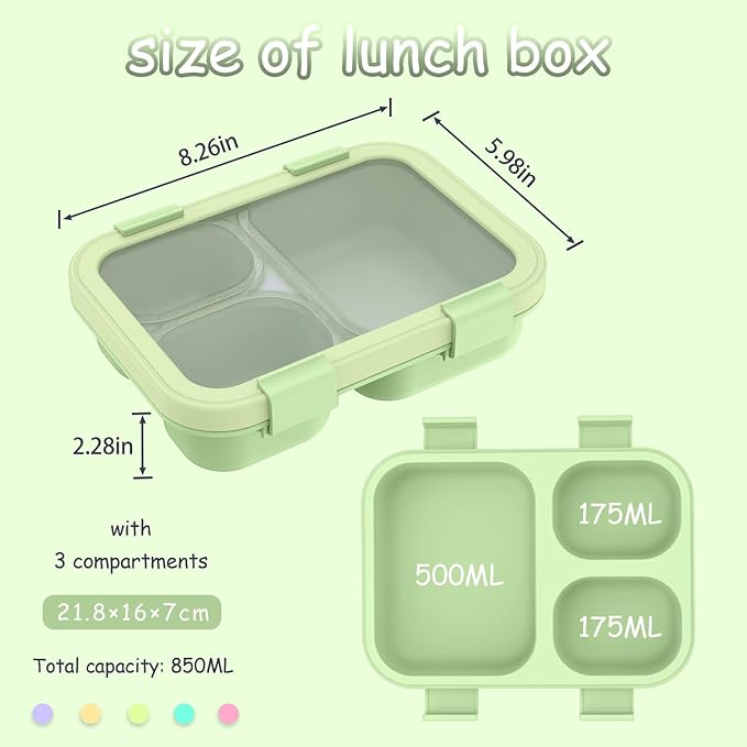 2 Pack Bento Lunch Box,Bento Box for Adults,29oz with 3 Compartments lunch box, for Trvael (Green & yellow)
