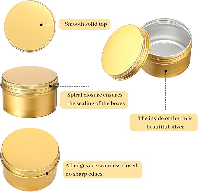 Patelai Gold Christmas Aluminum Tin Cans 24 Pcs 4 oz Round Metal Tin Jar Containers Refillable Aluminum Storage Cans with Screw Lid and 10 Sheets Label Sticker for Salve Spice Candy Candle