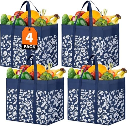 Reusable Grocery Bags Foldable Tote Bags Bulk Shopping Bags 4-Pack, Blue by WOWBOX