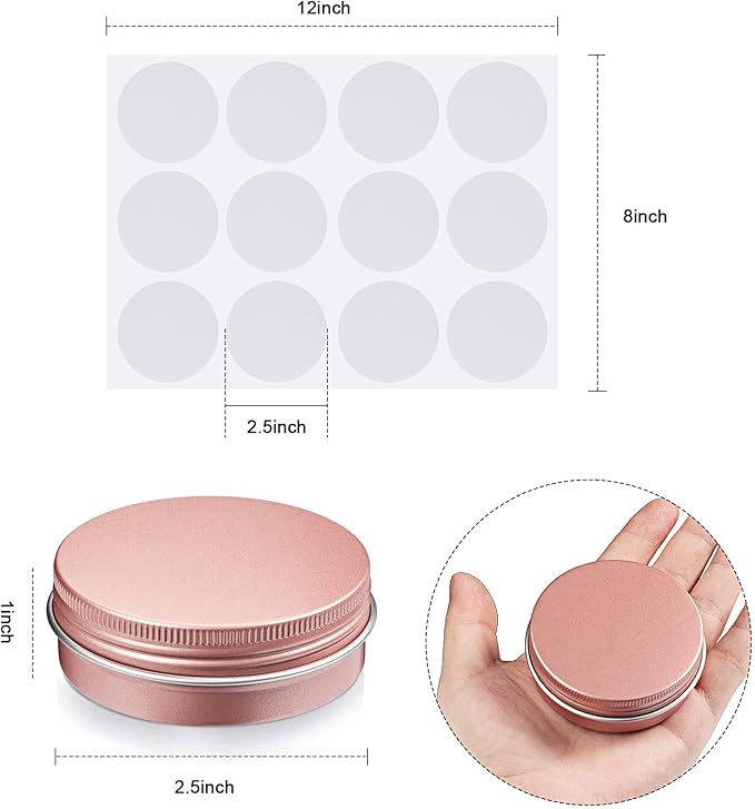 Patelai 72 Pcs 2 oz Aluminum Tins Salve Containers with Screw Lid and Labels Round Cans Travel Cosmetic Metal Tins Jar for Candles Lotion Bars Balms Food Spice Candies DIY Crafts(Rose Gold)