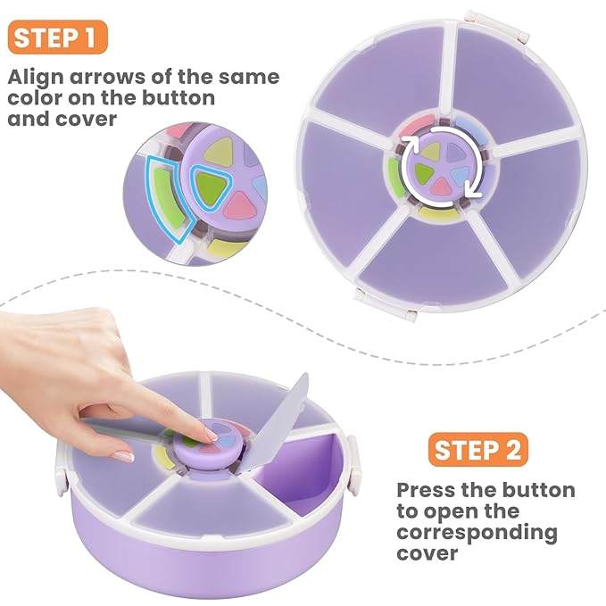 Snack Rotator Container Reusable Snack Box with 5 Compartment Dispenser and Lid, Color Matching Opening Lid, BPA and PVC Free, for Home, School, Travel (2 Pack- Purple)