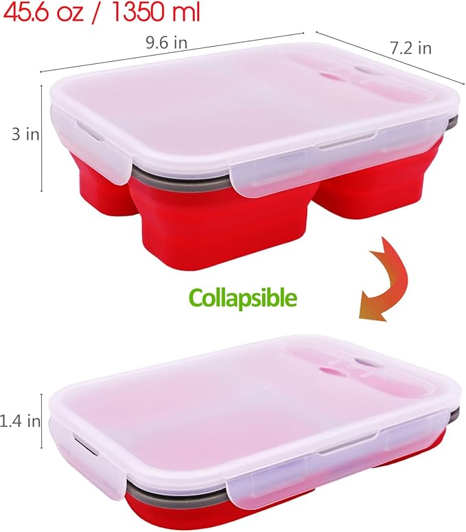 2 Pack Big Size Collapsible Silicone Bento Lunch Boxes With Lids spoons forks,3 Compartments, Divided Lunch Food Storage Containers, Safe in Microwave, Dishwasher and Freezer, 45.6oz, BPA Free