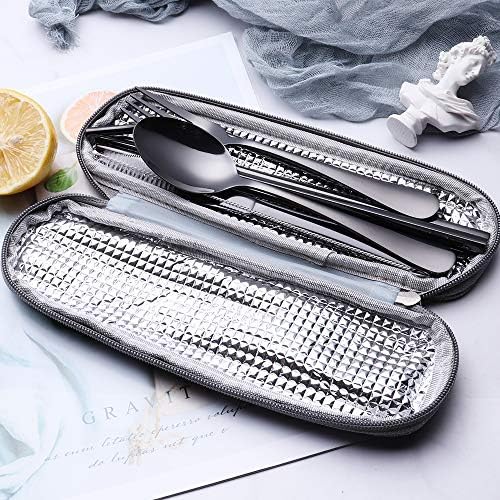 Travel Utensils Set with Case – 8-Piece Reusable Stainless Steel Camping Cutlery Set for Lunchbox, Office, School – Portable Fork Spoon Knife Chopsticks – Dishwasher Safe – Black - Image 3