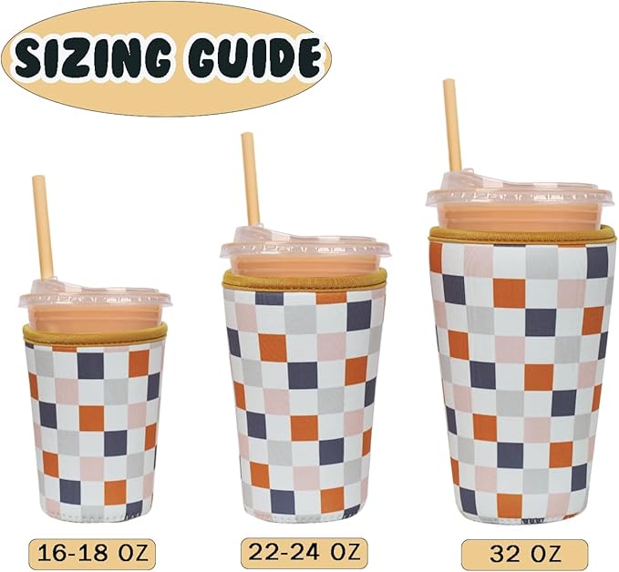 Reusable Insulated Neoprene Iced Coffee Cup Sleeve, Durable Drink Sleeve for Cold Beverages, Beverage Holder for Iced Coffee, Muted Grid