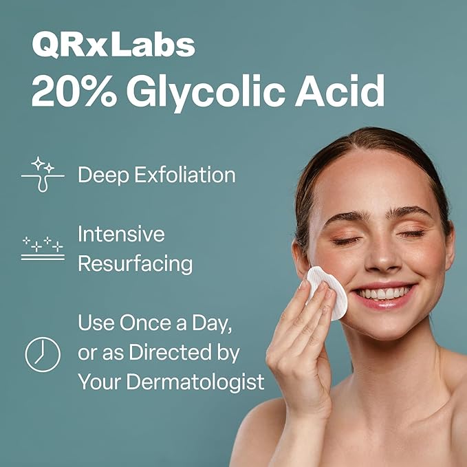 QRxLabs Glycolic Acid Pads - 20% Resurfacing Pads AHA for Face & Body - Exfoliates Skin Surface and Reduces Apperance of Fine Lines and Wrinkles - Daily Pads - 50ct 2PK