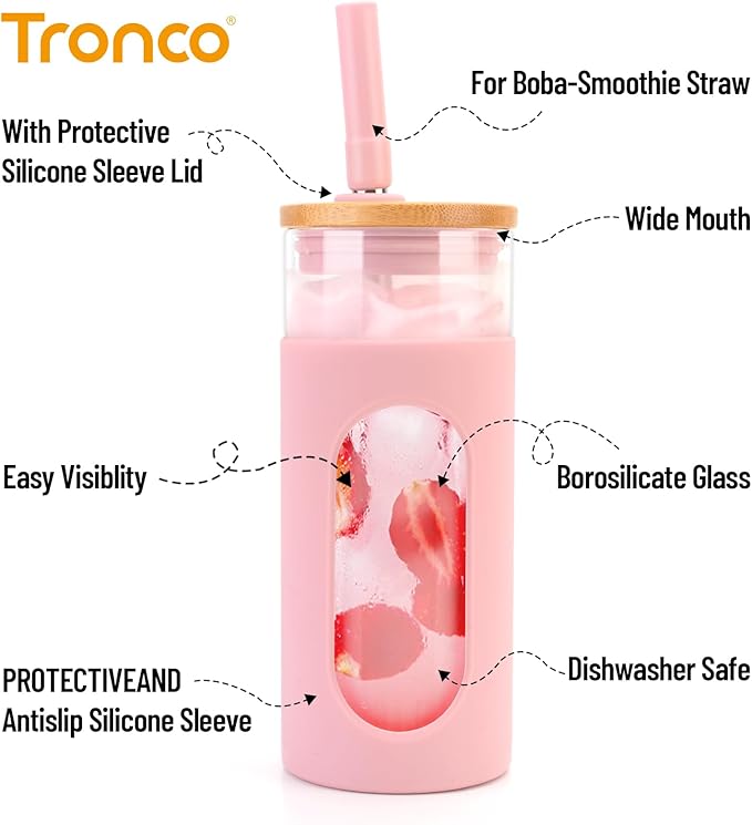 Tronco 22oz Glass Tumbler with Bamboo Lid and Straw, Reusable Iced Coffee Cup for Boba Tea, Smoothies & Cold Drinks, Spill-Proof Glass Cup with Silicone Sleeve, Dishwasher Safe, BPA-Free (Pack of 2)