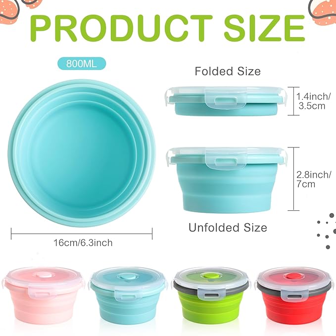 Suclain 4 Pcs Collapsible Bowls with Lids Silicone Camping Food Storage Container Expandable Folding Salad Lunch Box Travel Container for Hiking Camping(Red, Pink, Blue, Green,27 oz)