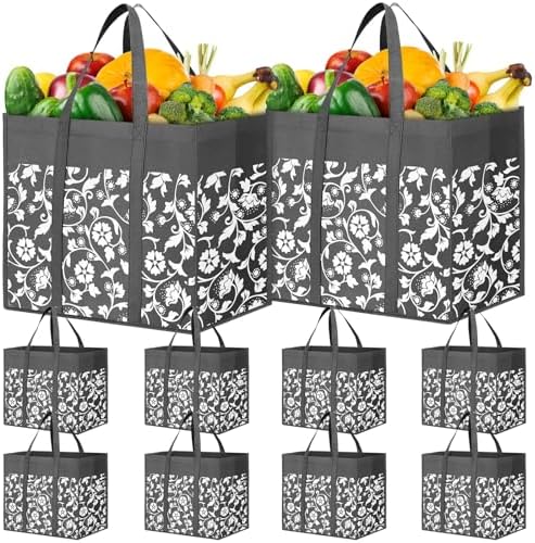Reusable Grocery Bags Foldable Tote Bags bulk Shopping Bags 10-Pack, Grey by WOWBOX
