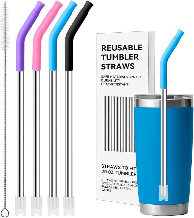 Metal Straws with Silicone Tip for 20 oz YETI Tumbler, 4 Pcs Reusable Stainless Steel Straws for 20 oz Stanley Cup and 16 oz Glass Cups(Color 2)