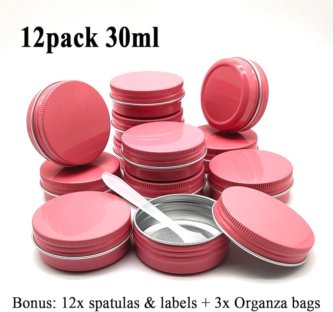 12pcs 1oz 30ml Aluminum Tin Jar, 30g Refillable Makeup Container, 30 Gram Pink Screw Lid Round Can Sample Pot for Cosmetic DIY, Lip Balm, Cream, Salve, Toner, Candle, Free Spatulas +Lables