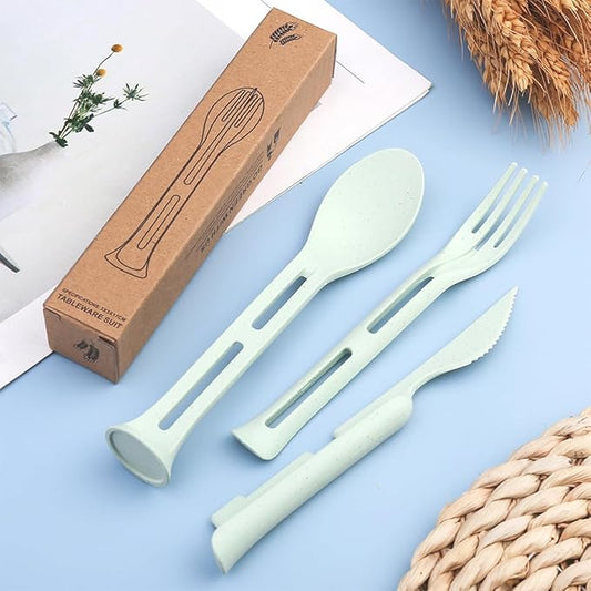 3PCS Wheat Straw Cutlery, Reusable Utensils Set Portable Travel 3 in 1 Spoon Fork Knife Tableware, Eco-Friendly, BPA Free, Flatware for Kids Adults, Travel Picnic Camping (Green)