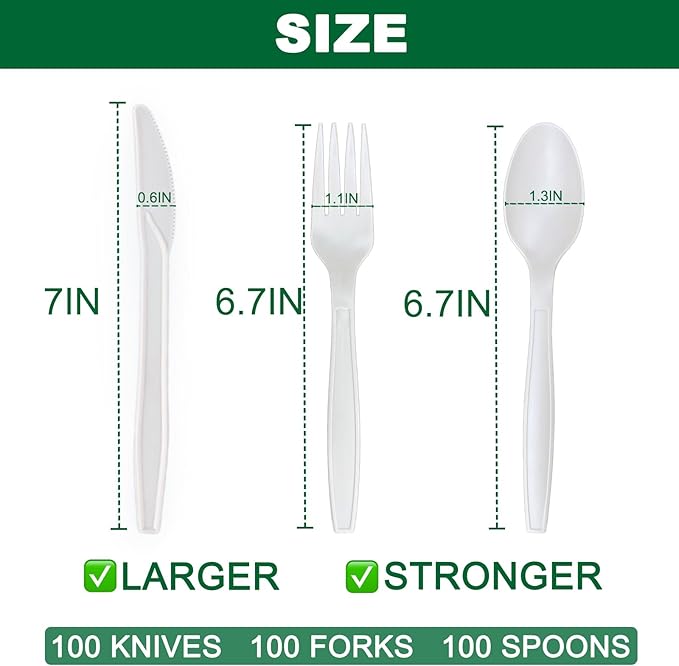 300pcs 100% Compostable Biodegradable Utensils Disposable Cutlery Set Cornstarch Spoon Fork Knife Alternative to Plastic (Fork 100, Spoon 100, Knife 100)