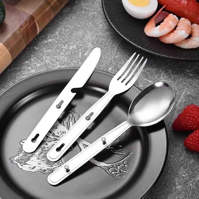 Stainless Steel Travel Utensil Set, 3-Piece Portable Flatware with Spoon, Fork, Knife, Lightweight Camping Cutlery, Interlocking Design, 6 inches, Canvas Carrying Case Included