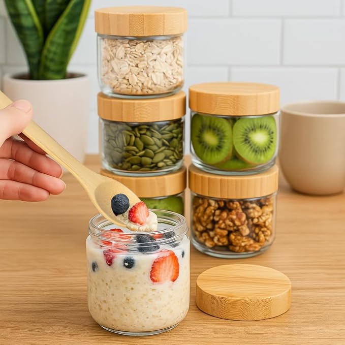 4 Pack 10oz Glass Jars with Bamboo Lids, Spoons, Airtight Overnight Oats Containers, Wide Mouth Mason Jars, Food Storage Container for Yogurt Salad Snacks Spice Sugar Meal Prep – Reusable