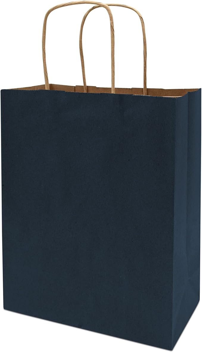 Prime Line Packaging Paper Gift Bags, Navy Blue Gift Bags Small with Handles, Shopping Bags for Business, Goodies, Party Favor, Welcome, Graduation, Bulk, 8x4x10, 100 Pack