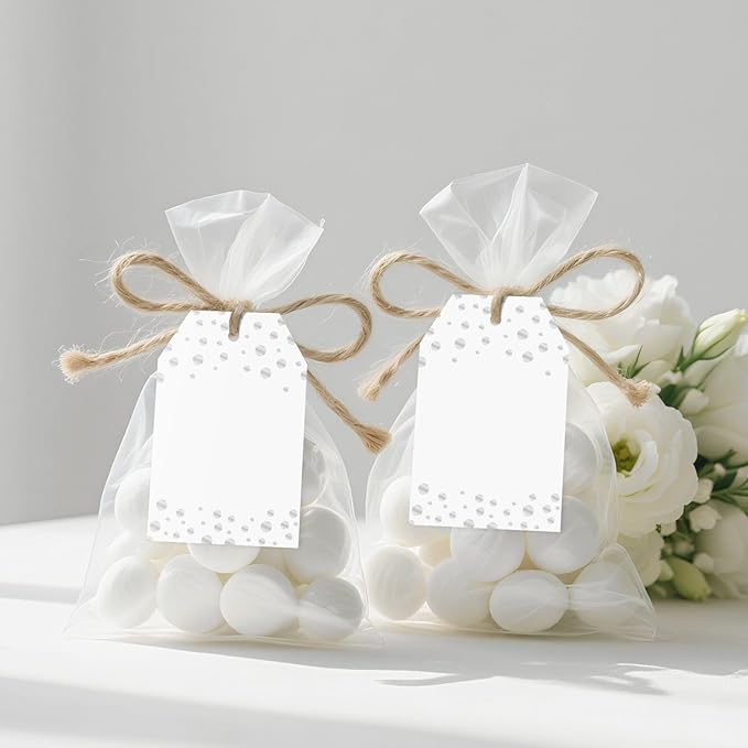 Anwyll Gift Tags with String - 100Pcs Silver Foil Confetti Polka Dot Gift Bag Tags Personalized White Blank Hanging Paper Label Tag for Birthday Party Bridal Shower Wedding Christmas Favors Present